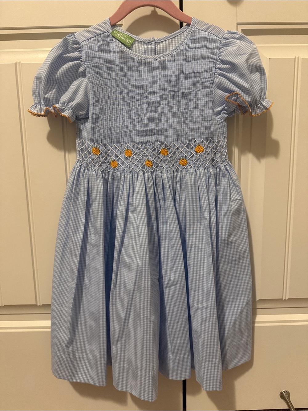 Blue Gingham Smocked Kids Dress with Pumpkin Accents